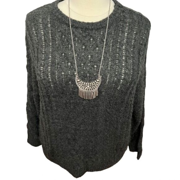 NWT Nordstrom Cali Be Charcoal Gray Cable Knit Crew Neck Sweater - XL/1X - Picture 2 of 12
